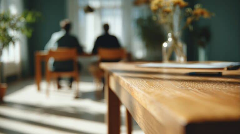 Heller Beratungsraum mit Tisch und Unterlagen, im Hintergrund zwei Personen im Gespräch – Strafverfahren, Jugendamt und Familiengericht